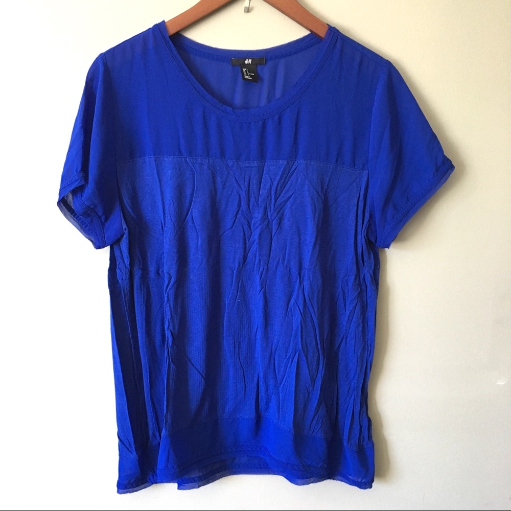 H&M Women’s Electric Cobalt Blue Chiffon Contrast Basic Tee Blouse Size Large
